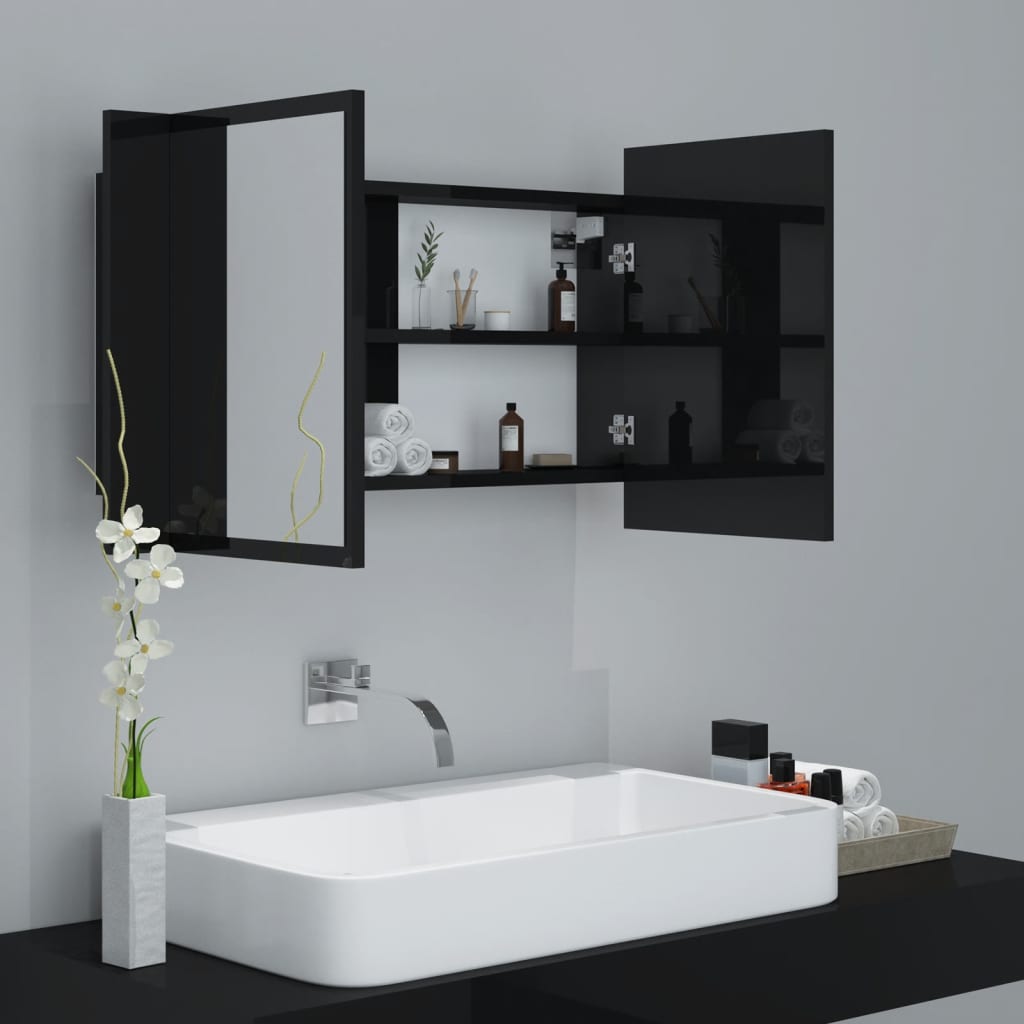 vidaXL Spegelskåp för badrum LED svart högglans 80x12x45 cm akryl