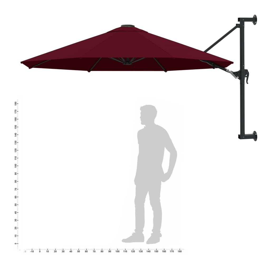 vidaXL Väggmonterat parasoll med metallstång 300 cm vinröd