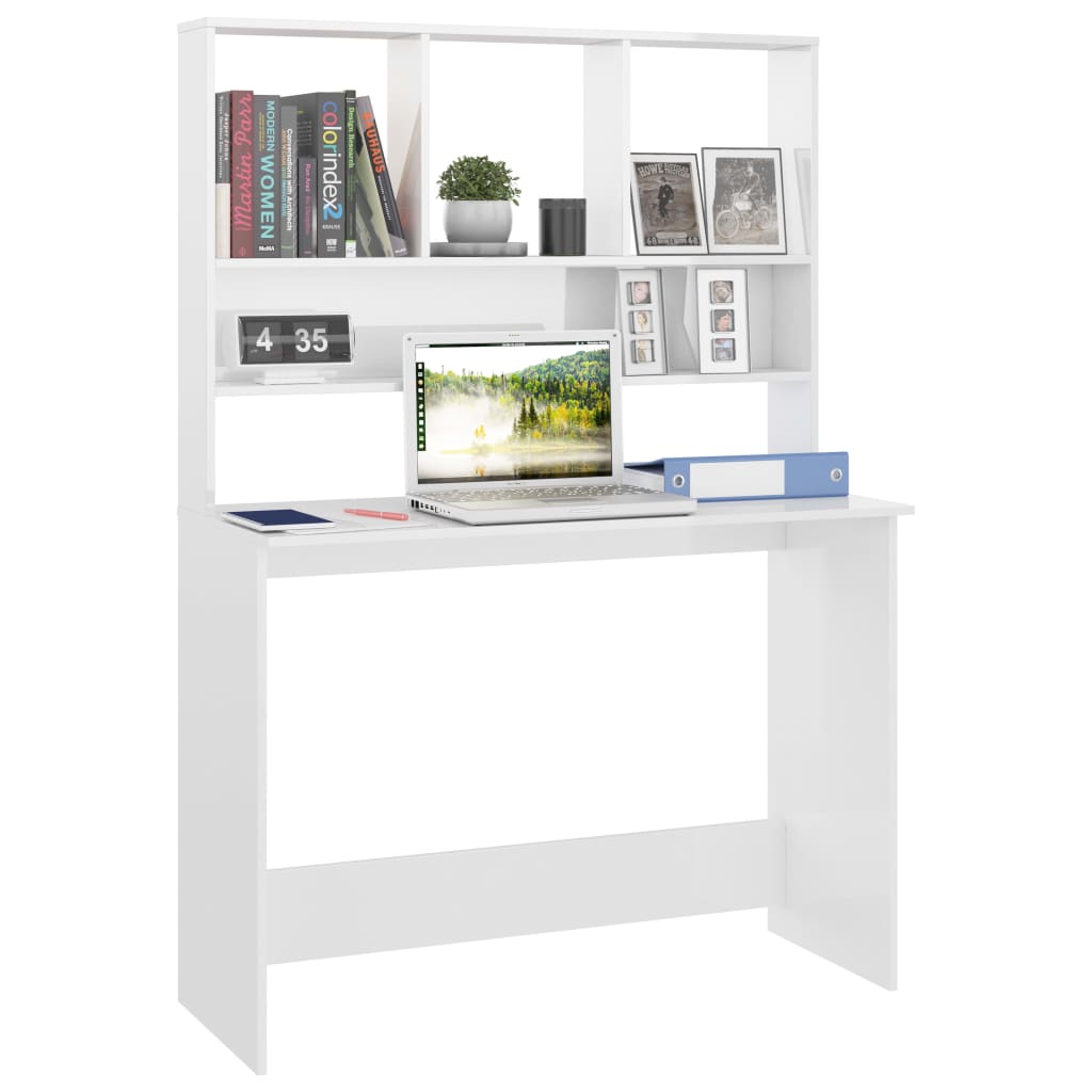 vidaXL Skrivbord med hyllor vit högglans 110x45x157 cm konstruerat trä