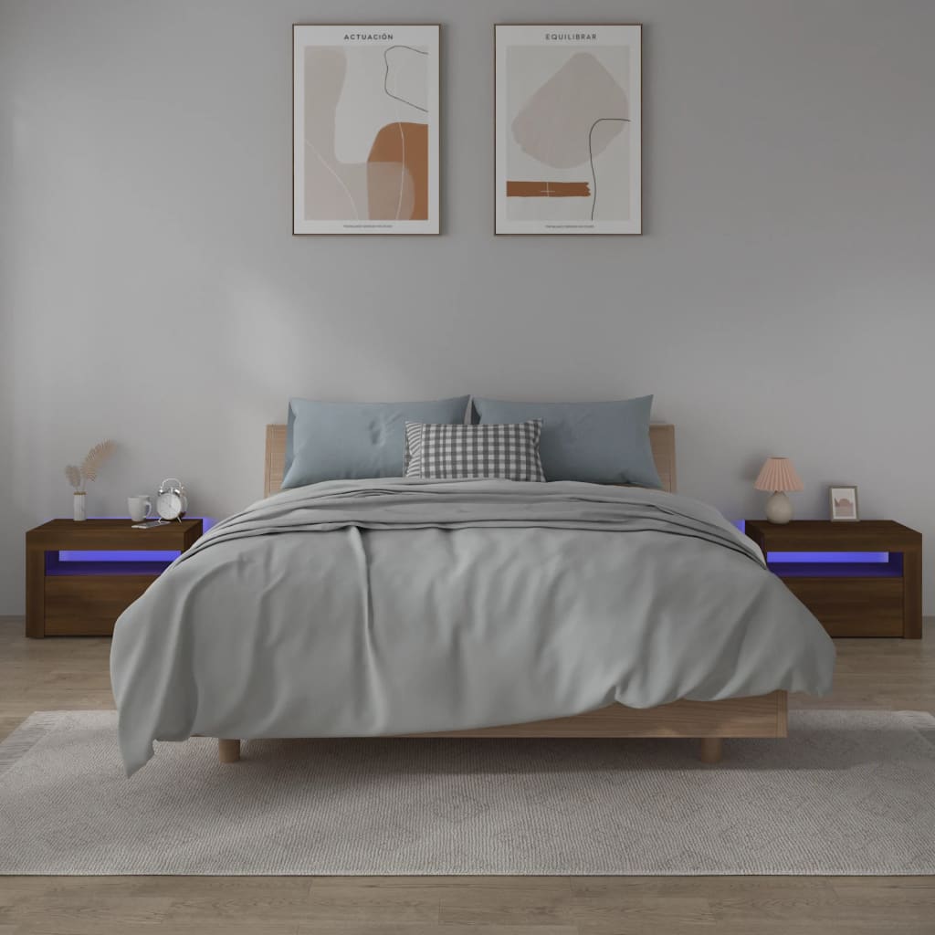 vidaXL Sängbord 2 st med LED-belysning Brun ek 60x35x40 cm