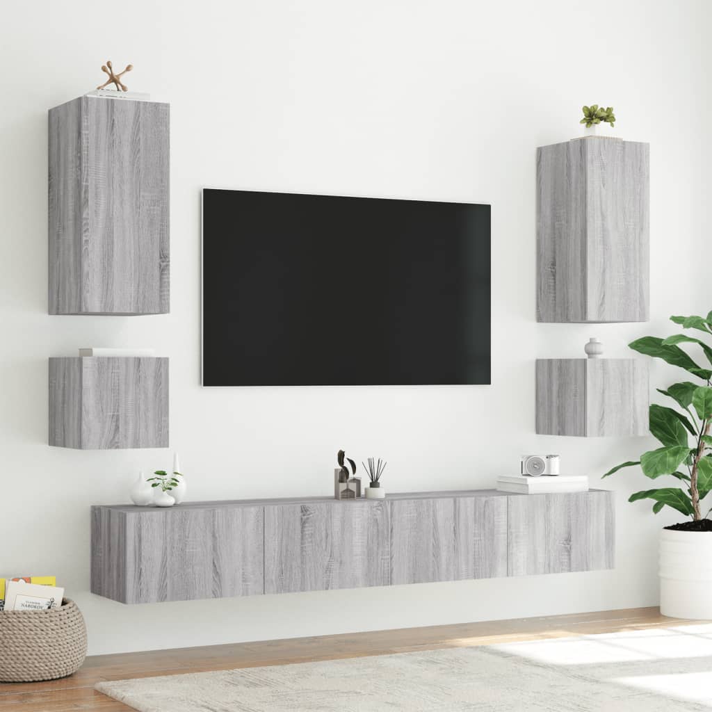vidaXL Väggmonterade tv-skåp 6 delar med LEDs grå sonoma