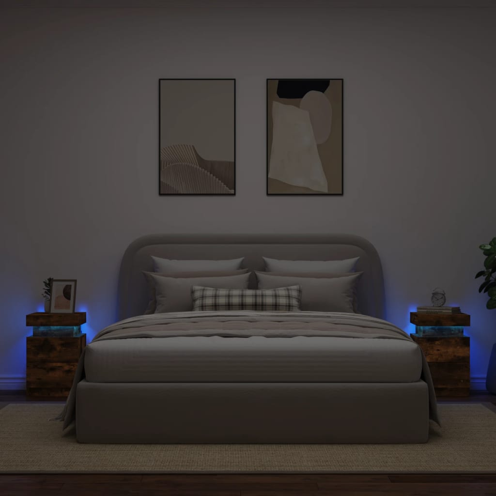 vidaXL Sängbord med LED-lampor 2 st rökfärgad ek 35x39x55 cm