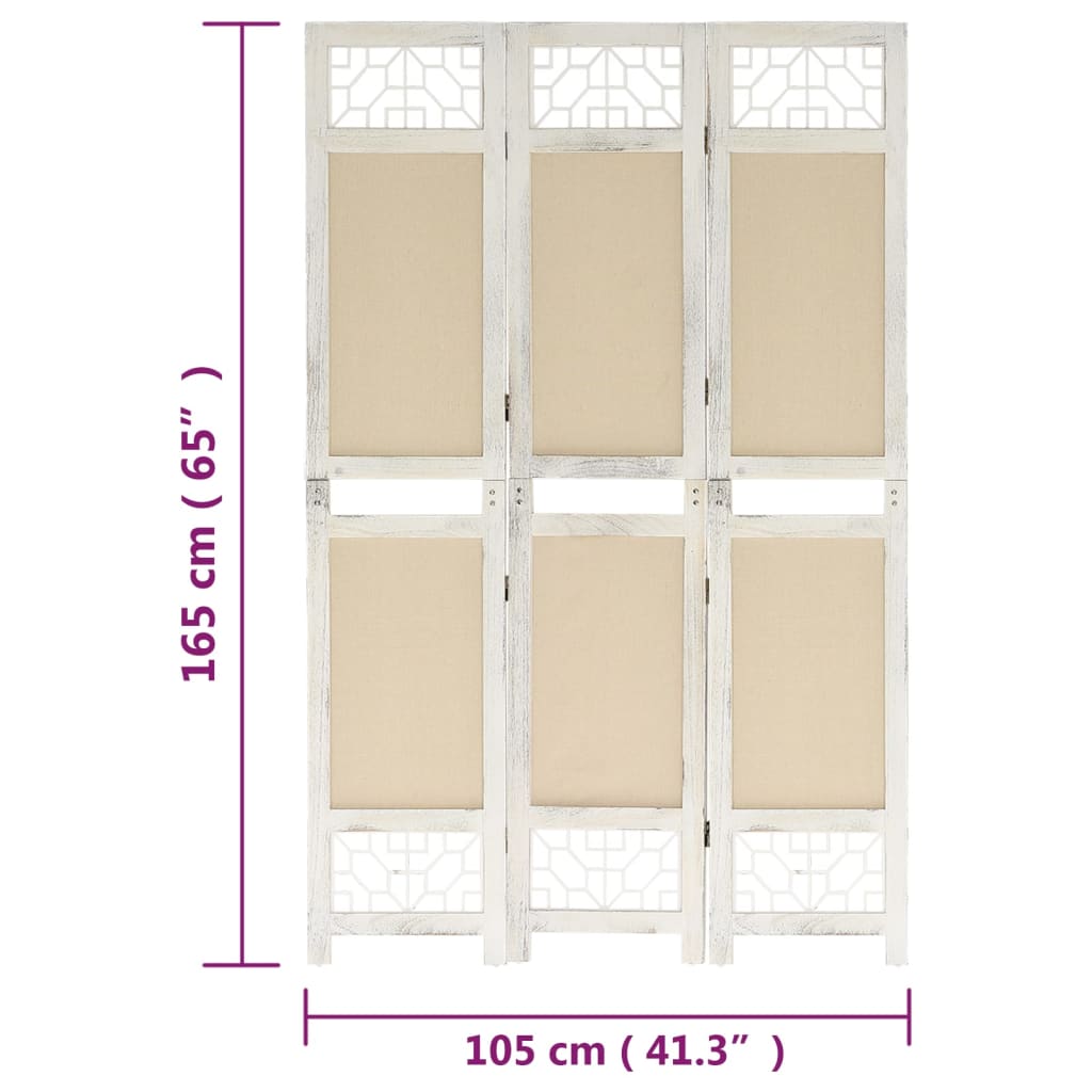 vidaXL Rumsavdelare 3 paneler gräddvit 105x165 cm tyg