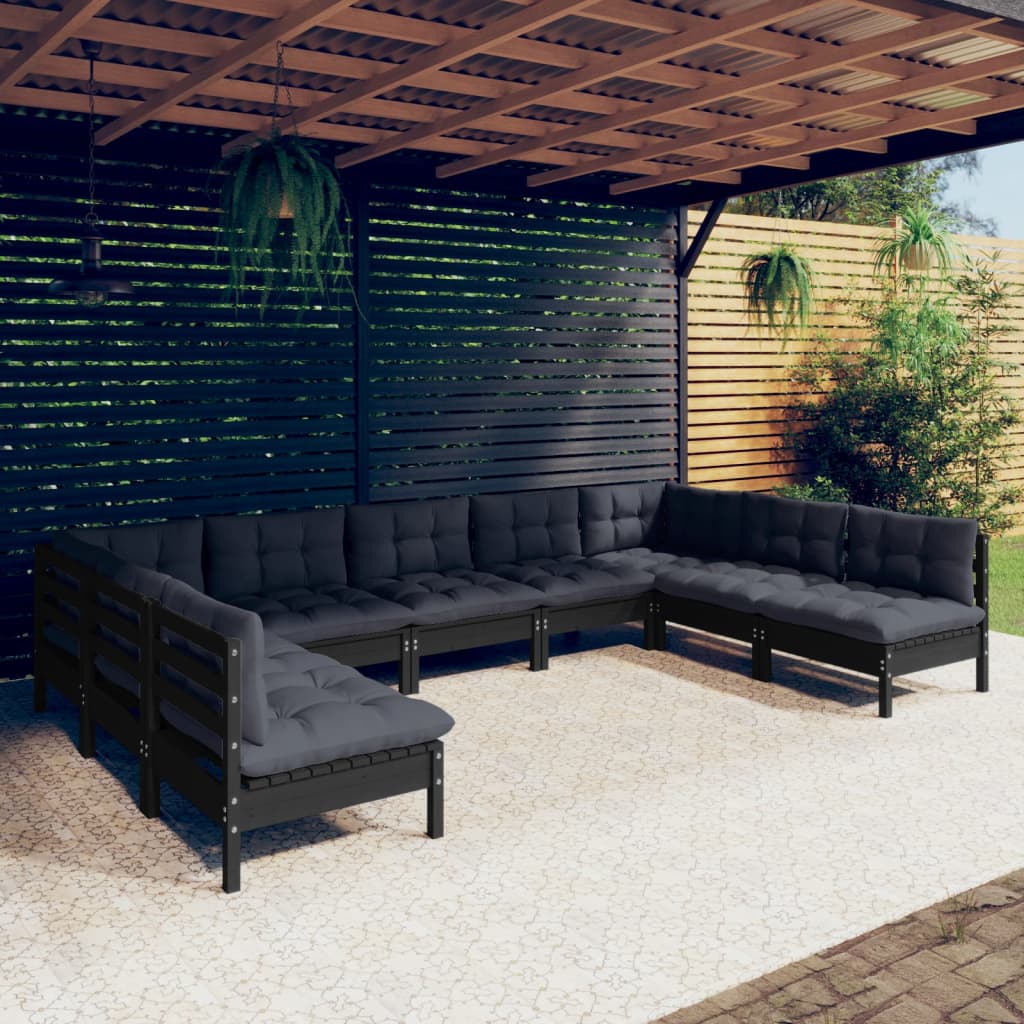 vidaXL Loungegrupp för trädgården med dynor 9 delar svart massiv furu