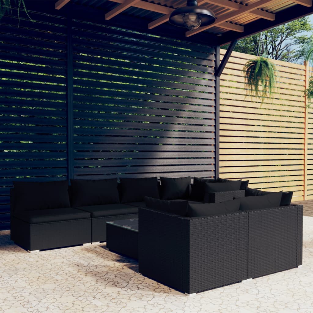 vidaXL Loungegrupp för trädgården med dynor 8 delar svart konstrotting