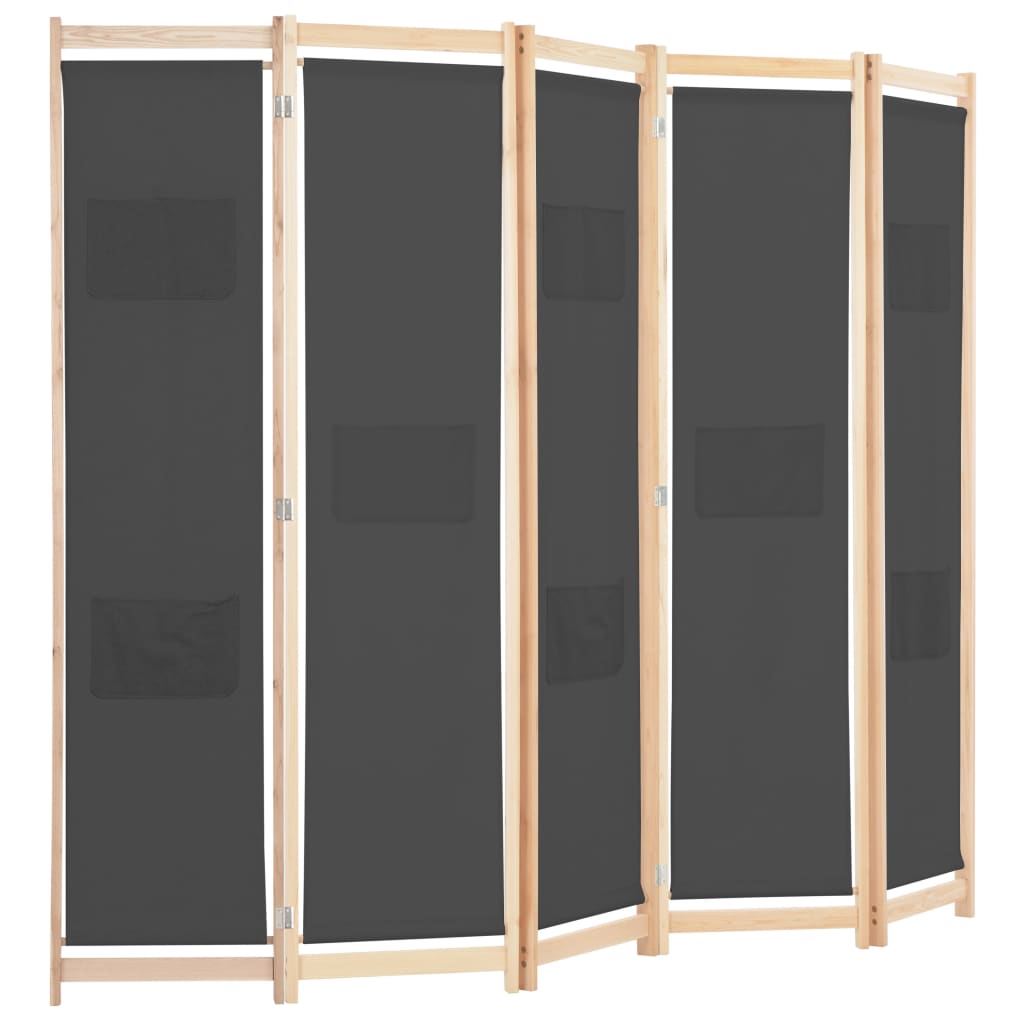 vidaXL Rumsavdelare 5 paneler 200x170x4 cm grå tyg