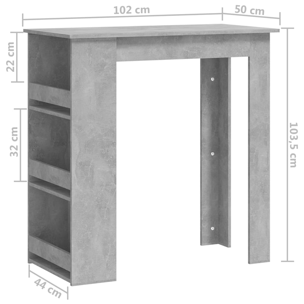 vidaXL Barbord med förvaringshyllor betonggrå 102x50x103,5cm spånskiva