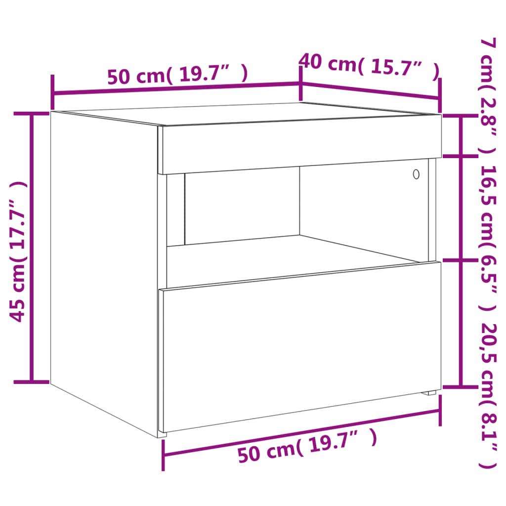 vidaXL Sängbord med LED-lampor grå sonoma 50x40x45 cm