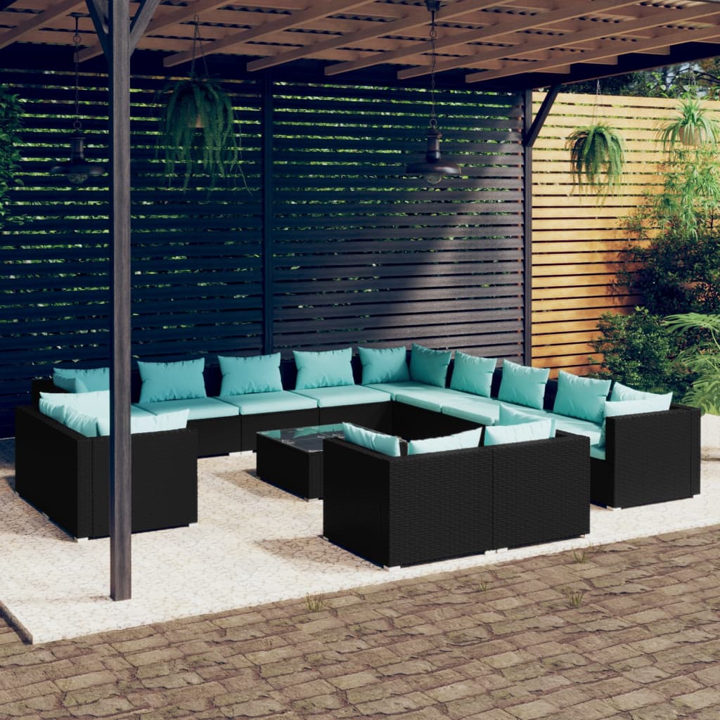 vidaXL Loungegrupp för trädgården med dynor 14delar konstrotting svart