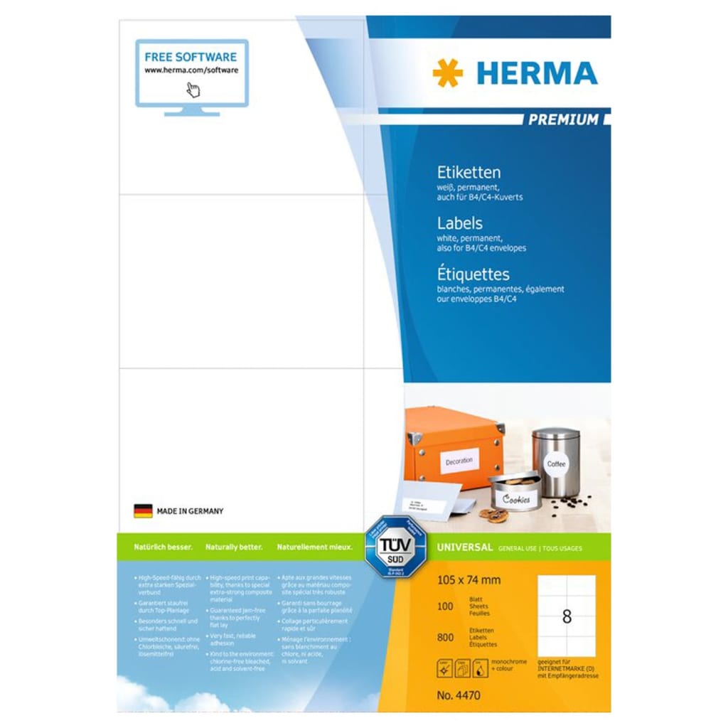 HERMA Permanenta etiketter PREMIUM A4 105x74 mm 100 ark