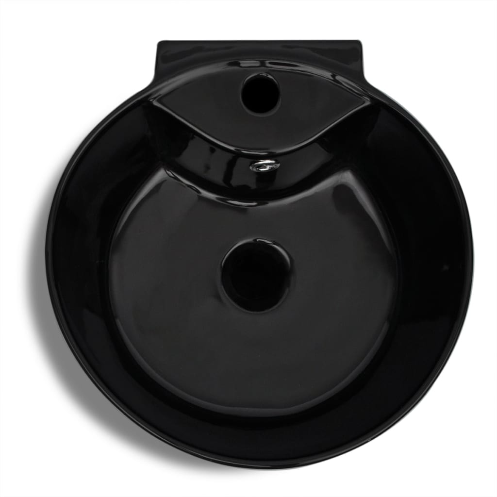 Handfat med kran- och överflödeshål i keramik svart med ställning