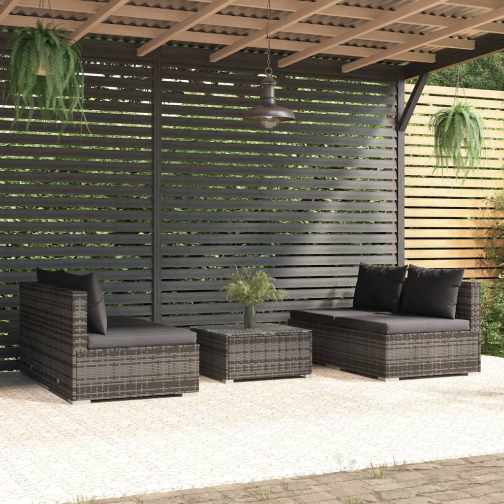 vidaXL Loungegrupp för trädgården med dynor 5 delar konstrotting grå