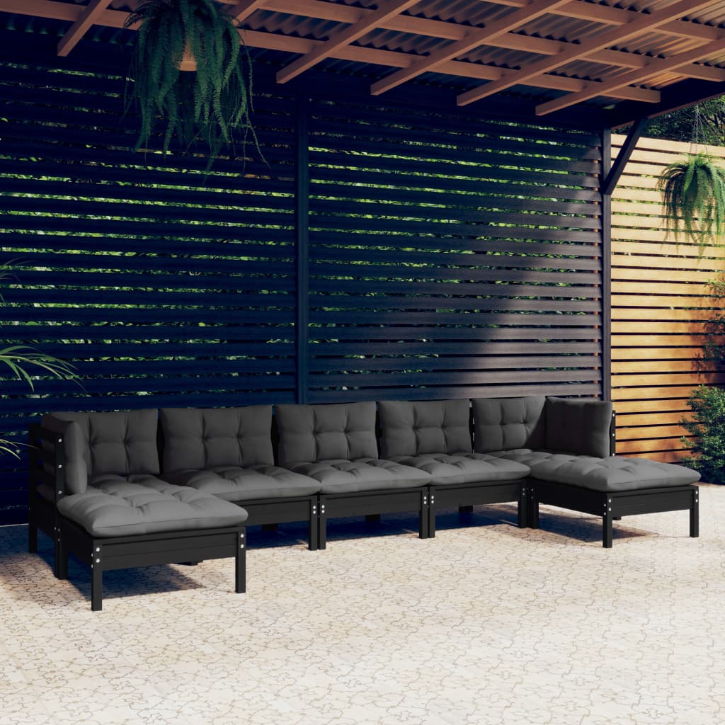 vidaXL Loungegrupp för trädgården med dynor 7 delar svart massiv furu