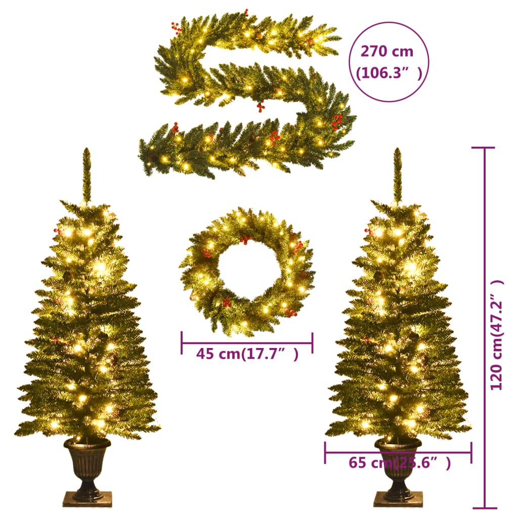 vidaXL Konstgjorda julgranar 2 st med krans, girlang och lysdioder