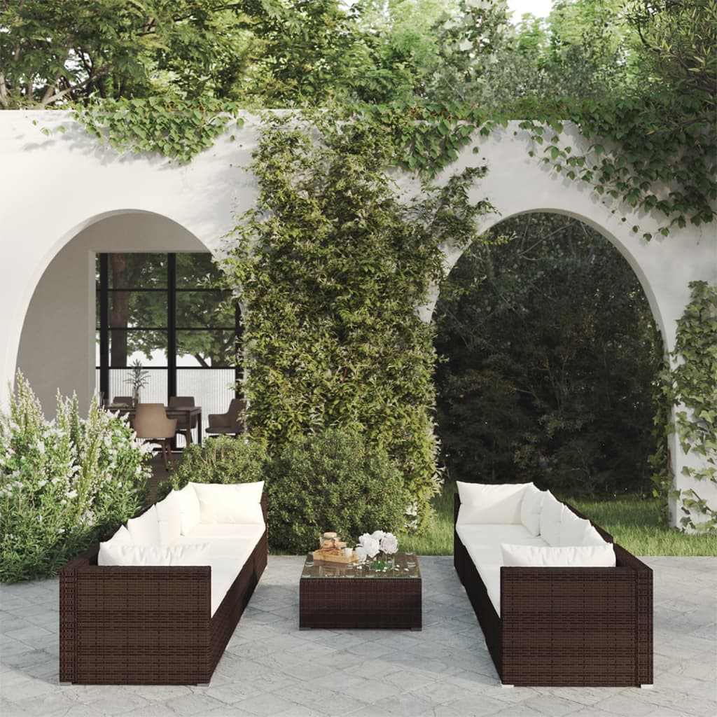 vidaXL Loungegrupp för trädgården med dynor 9 delar konstrotting brun
