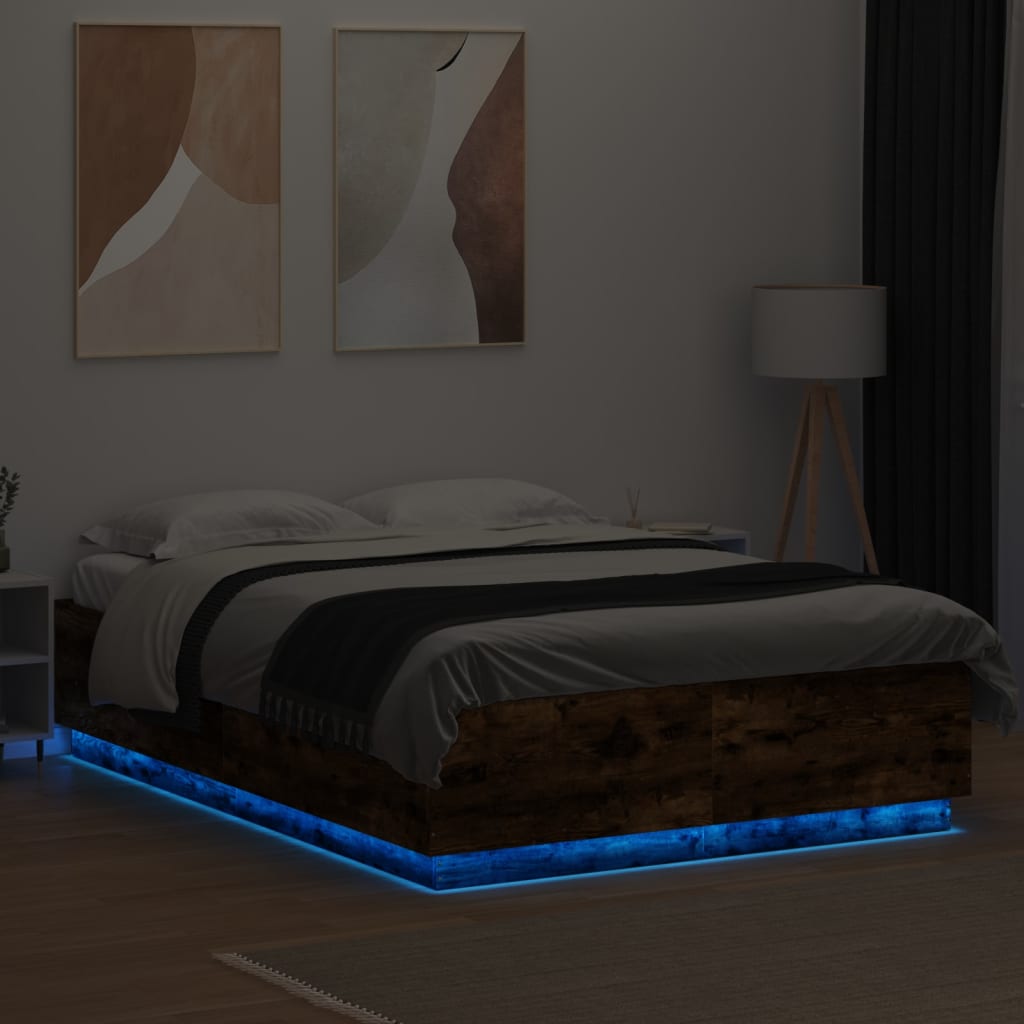 vidaXL Sängram med LEDs rökfärgad ek 160x200 cm konstruerad trä