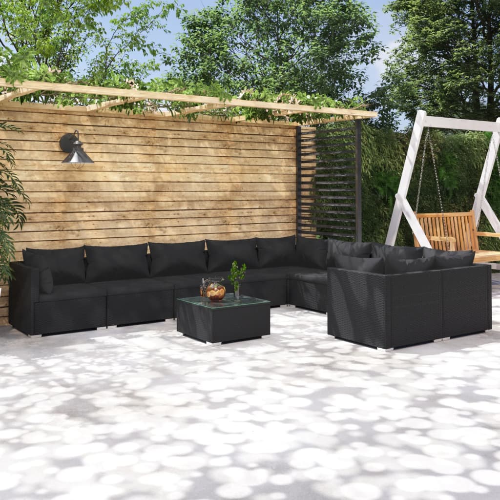vidaXL Loungegrupp för trädgården med dynor 10delar konstrotting svart