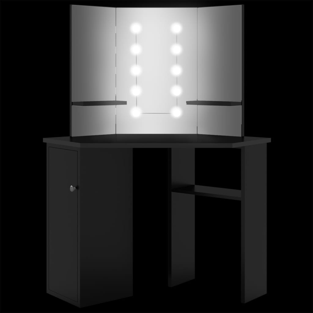 vidaXL Sminkbord för hörn med LED svart 111x54x141,5 cm