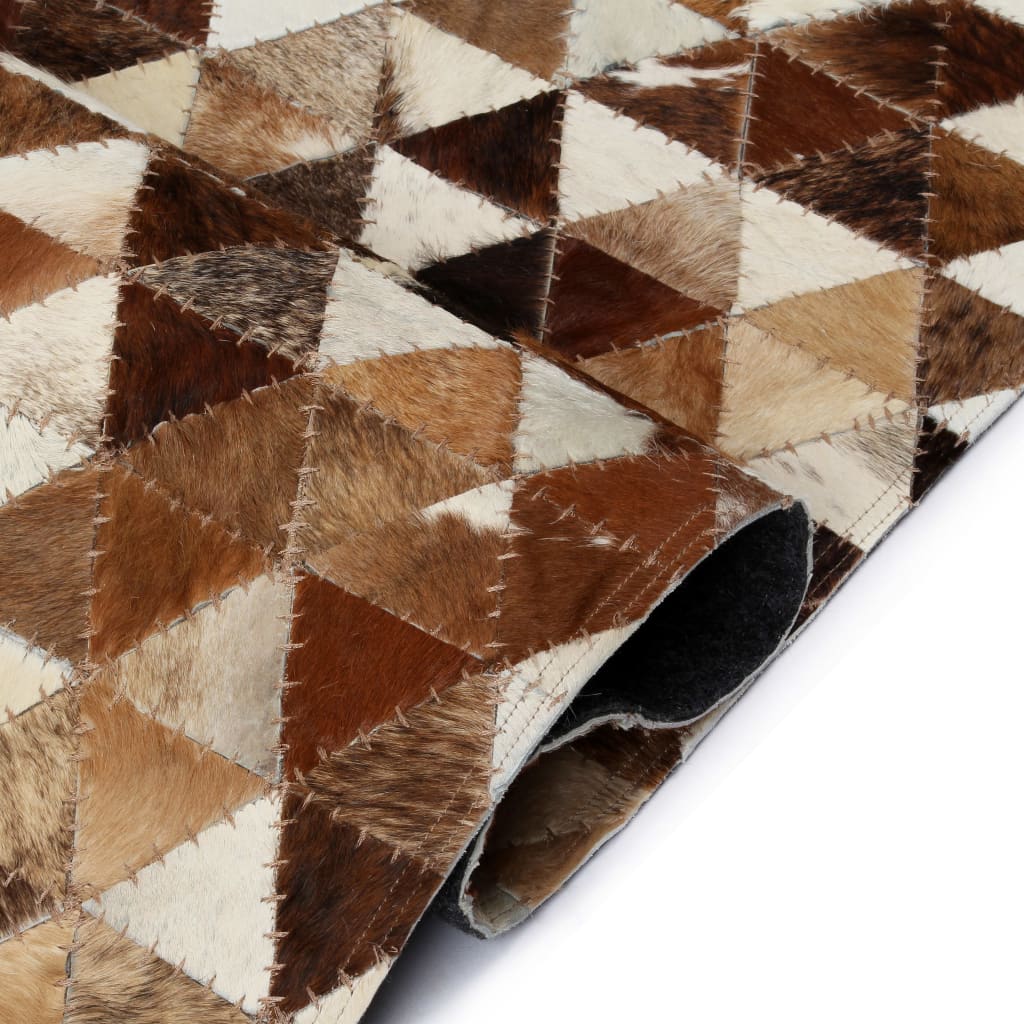 vidaXL Matta äkta läder lappad trekanter 120x170 cm brun/vit