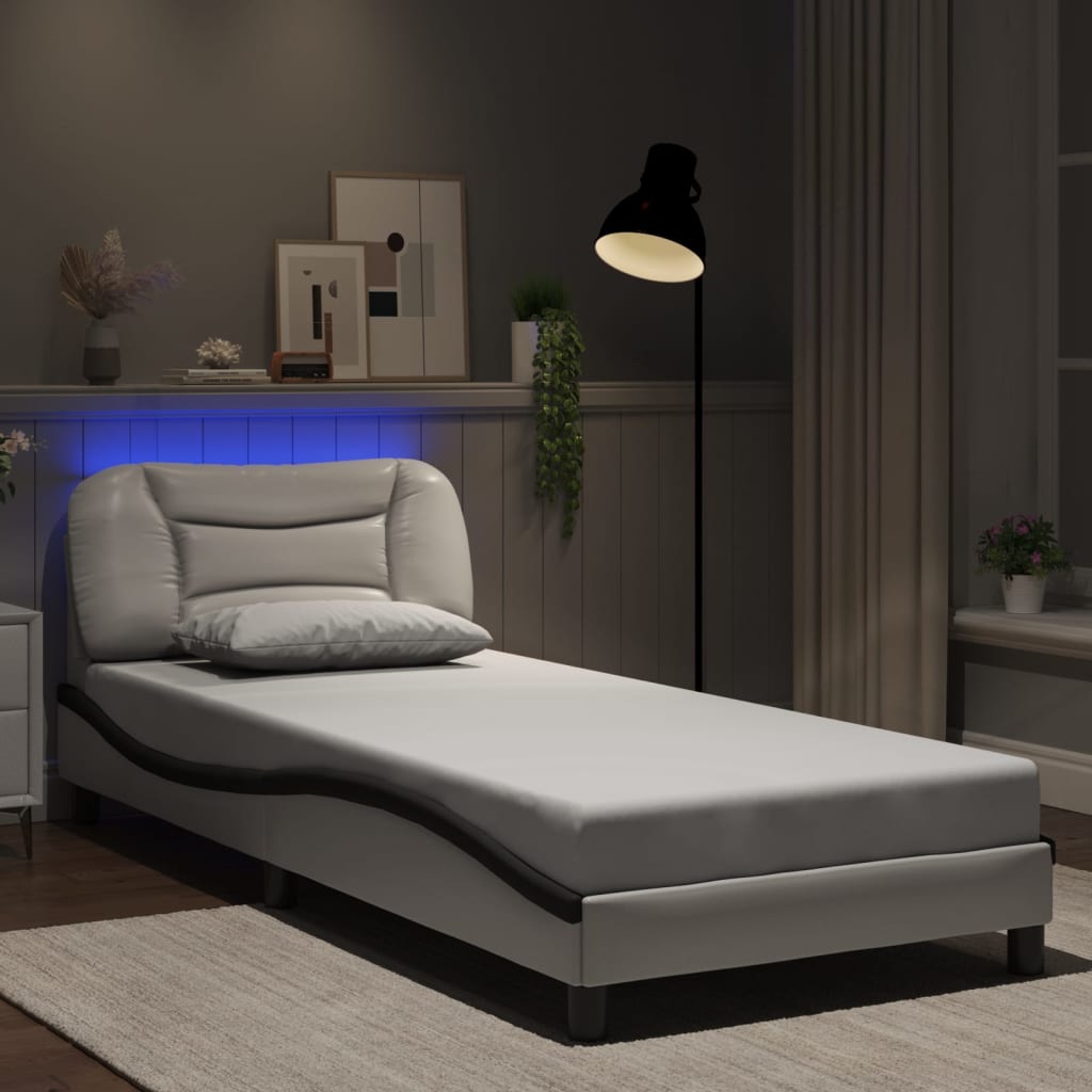 vidaXL Sängram med LED-belysning vit och svart 80x200 cm konstläder