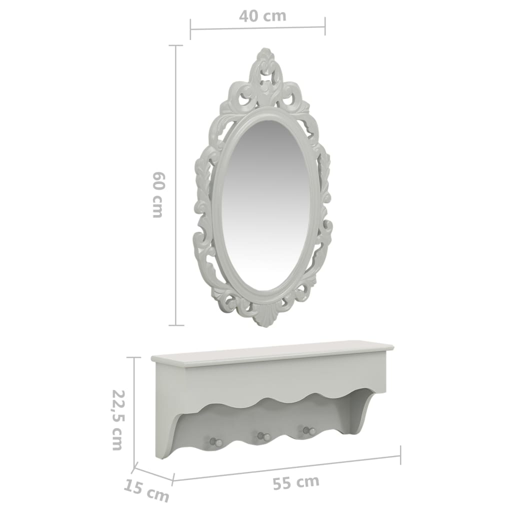 vidaXL Vägghylla för nycklar och smycken med spegel och krokar grå