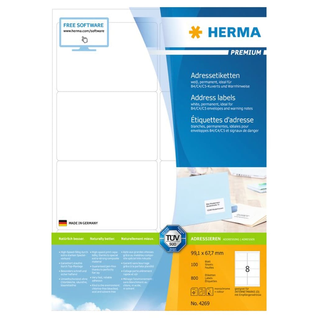 HERMA Permanenta adressetiketter A4 99,1x67,7 mm 100 ark vit