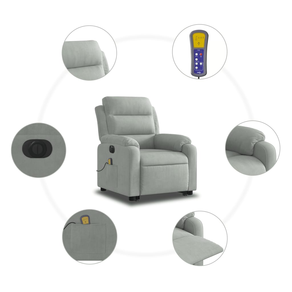 vidaXL Elektrisk massagefåtölj med uppresningshjälp ljusgrå sammet
