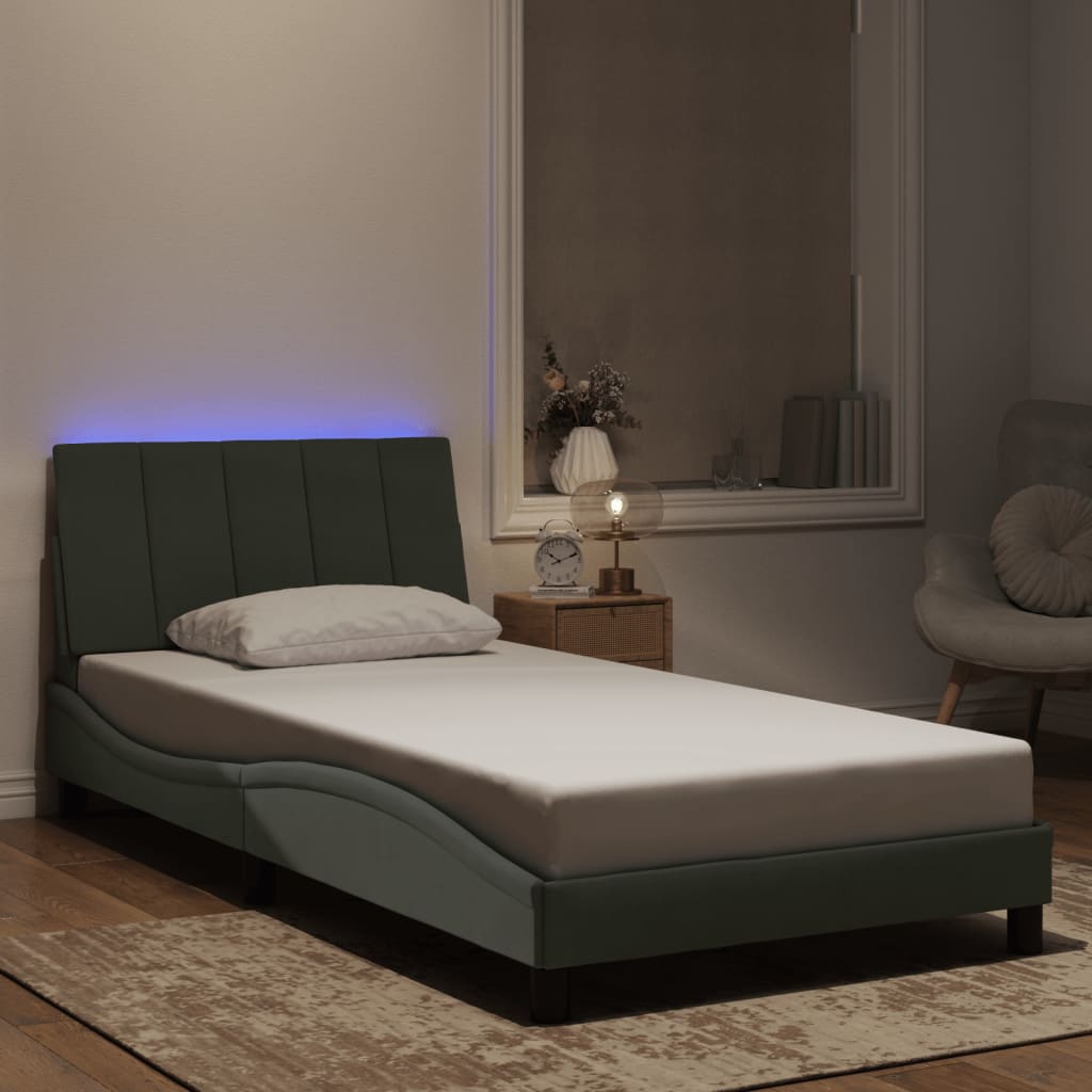 vidaXL Sängram med LED-belysning ljusgrå 100x200 cm sammet