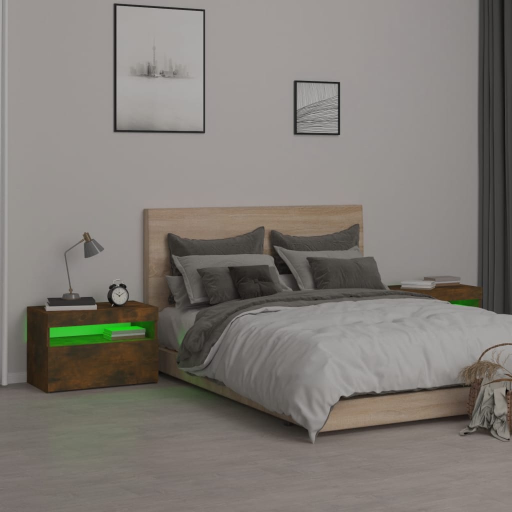 vidaXL Sängbord 2 st med LED-belysning rökfärgad ek 60x35x40 cm