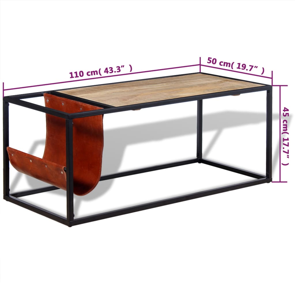 vidaXL Soffbord med tidningsställ 110x50x45 cm äkta läder