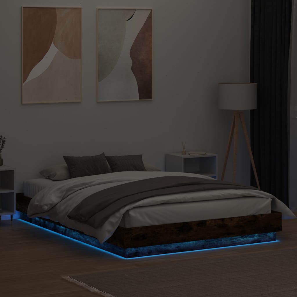 vidaXL Sängram med LEDs rökfärgad ek 140x200 cm