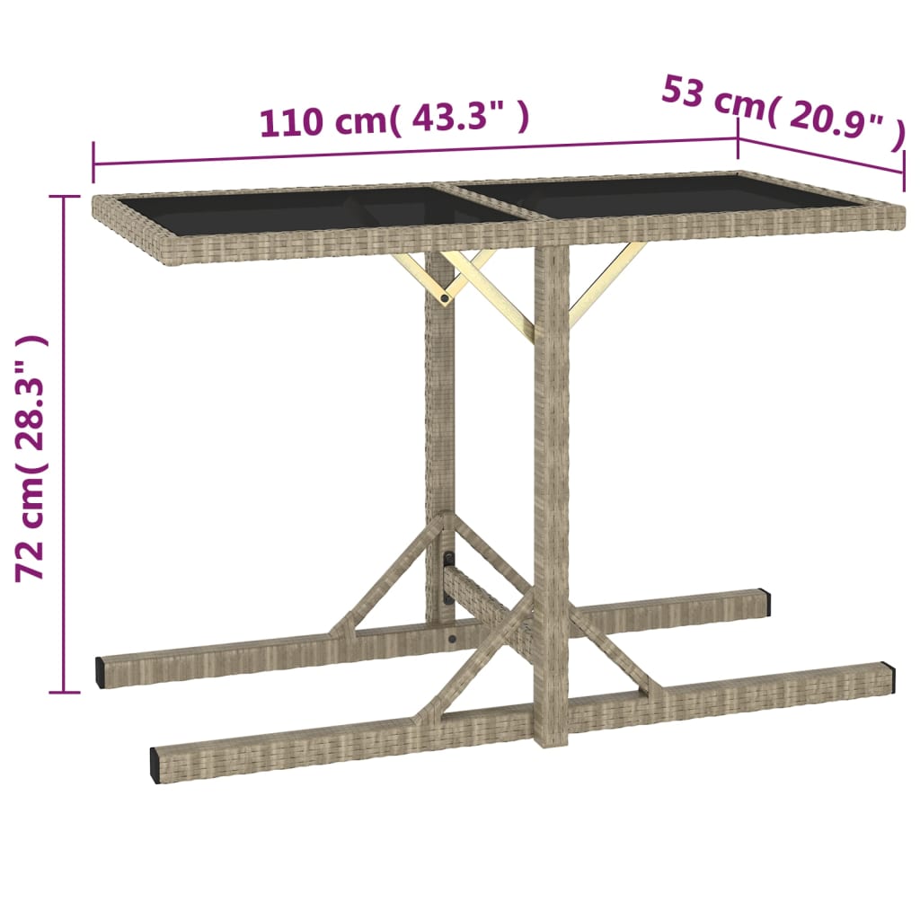 vidaXL Trädgårdsbord beige 110x53x72 cm glas och konstrotting