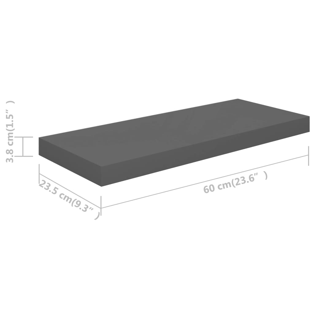 vidaXL Svävande vägghyllor 2 st grå högglans 60x23,5x3,8 cm MDF