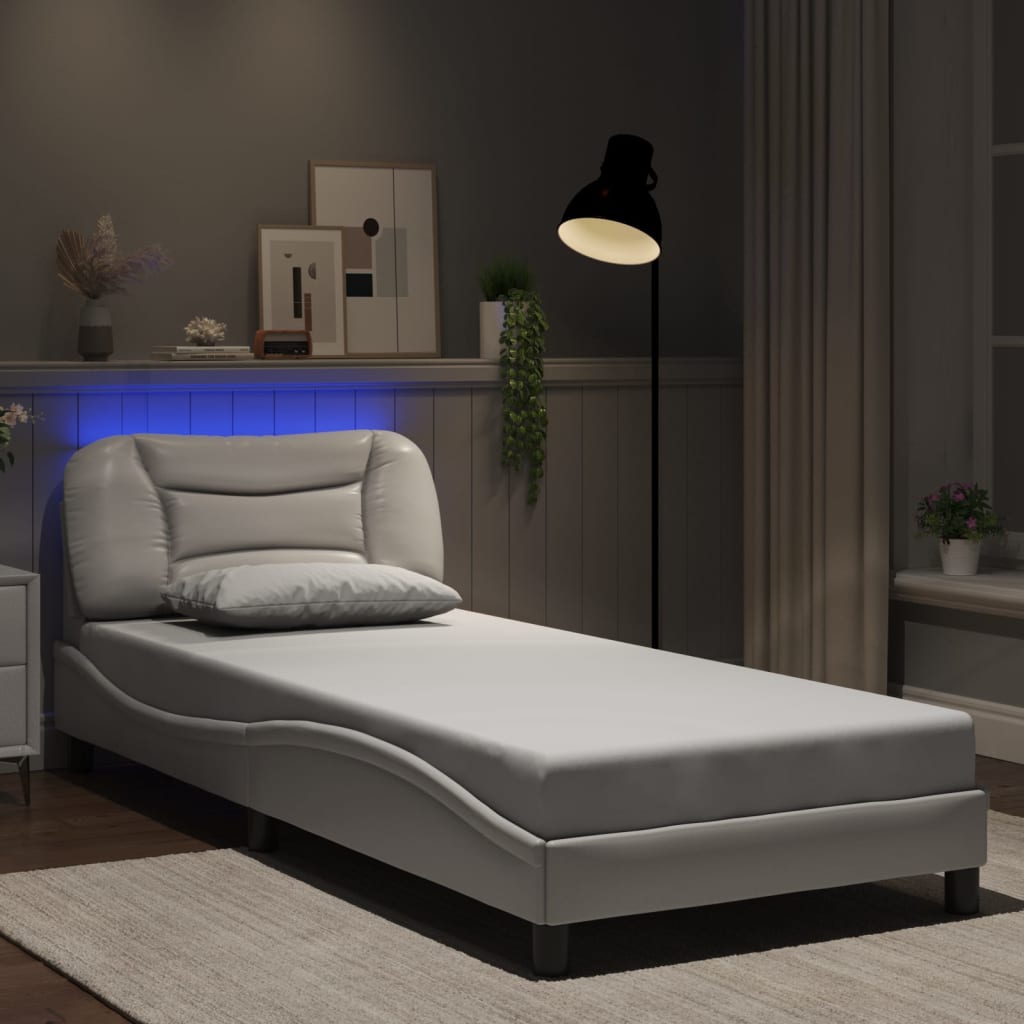 vidaXL Sängram med LED-belysning vit 90x190 cm konstläder