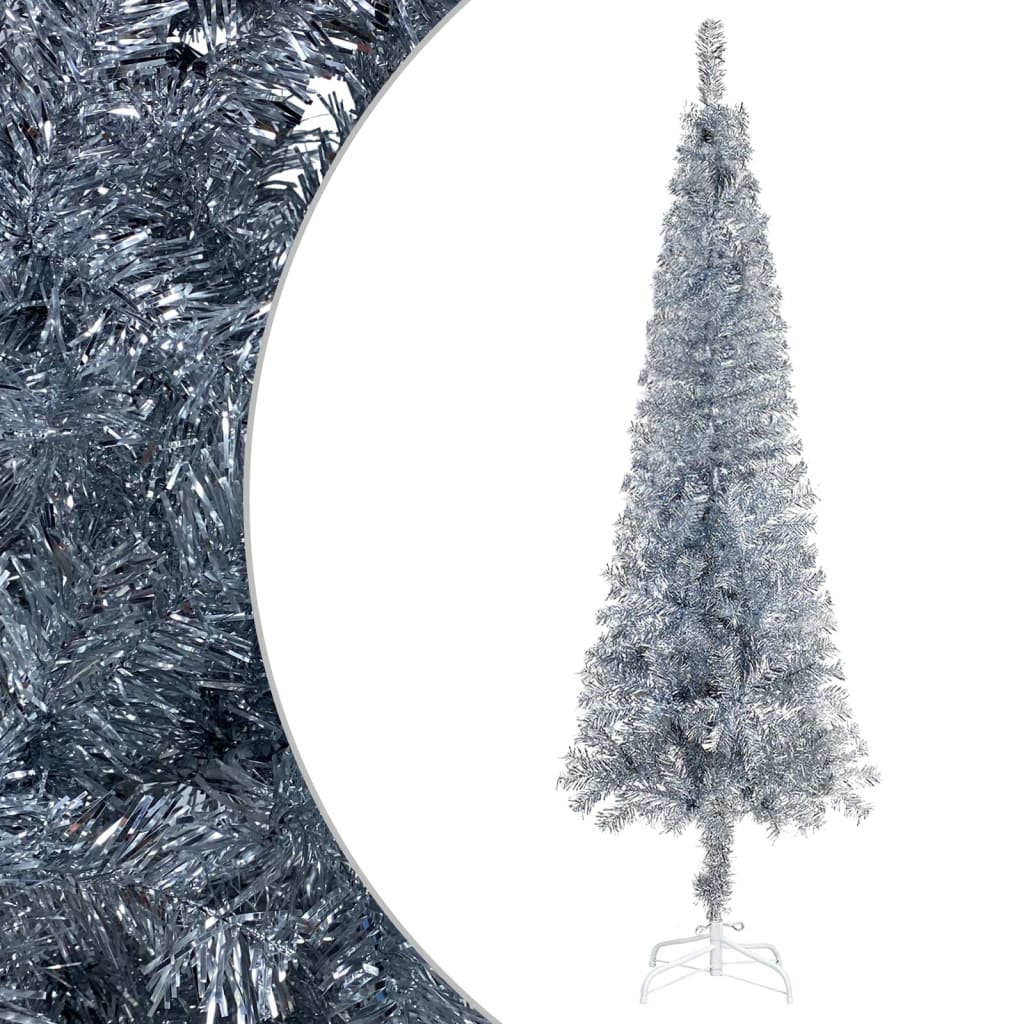 vidaXL Plastgran smal med LED och julgranskulor silver 240 cm