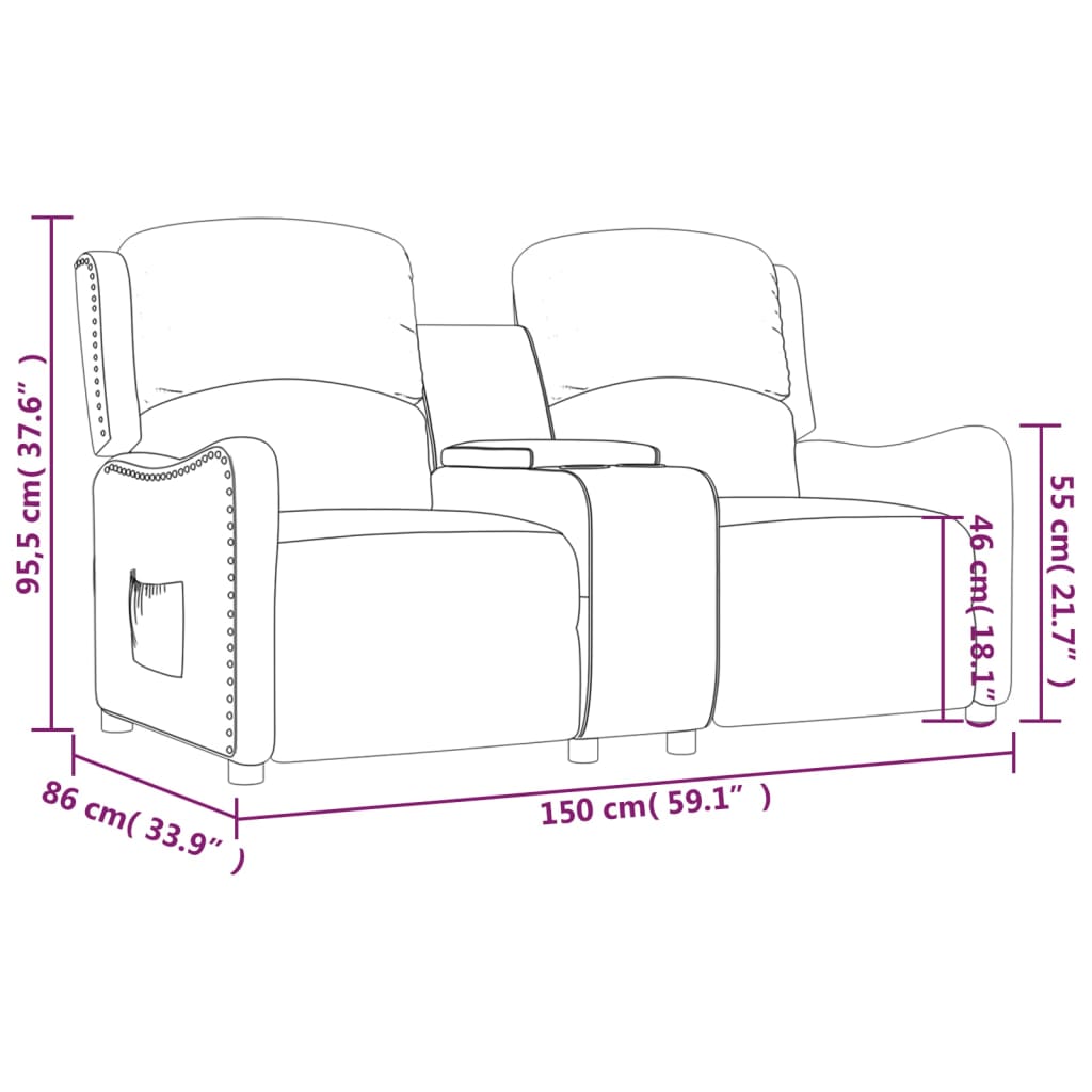vidaXL 2-sits reclinerfåtölj med mugghållare gräddvit tyg