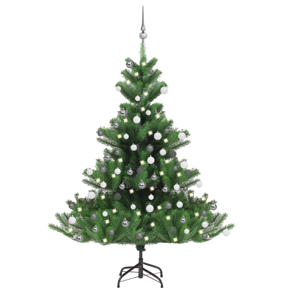 vidaXL Konstgjord nordmannsgran med LED och julgranskulor grön 150 cm